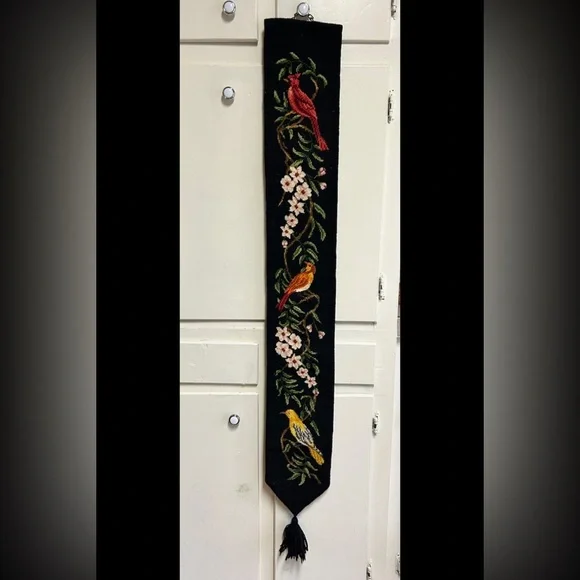 Vintage Needlepoint Bell Pull Wall Tapestry Birds Floral Black 52” Long - Picture 1 of 7